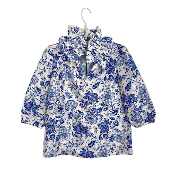 TUCKERNUCK Ruffle Neck Collar Blouse Blue White Floral Print NWT XS - Picture 1 of 6
